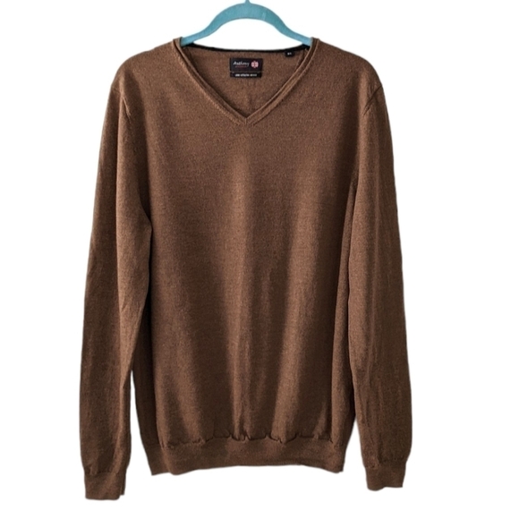 Anthony of London v neck extra fine merino wool brown sweater Large @P - Picture 1 of 10